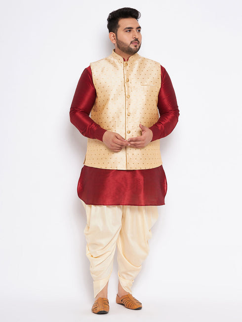 Jashvi Men's Plus Size Gold Zari Weaved Nehru Jacket With Curved Kurta Dhoti set